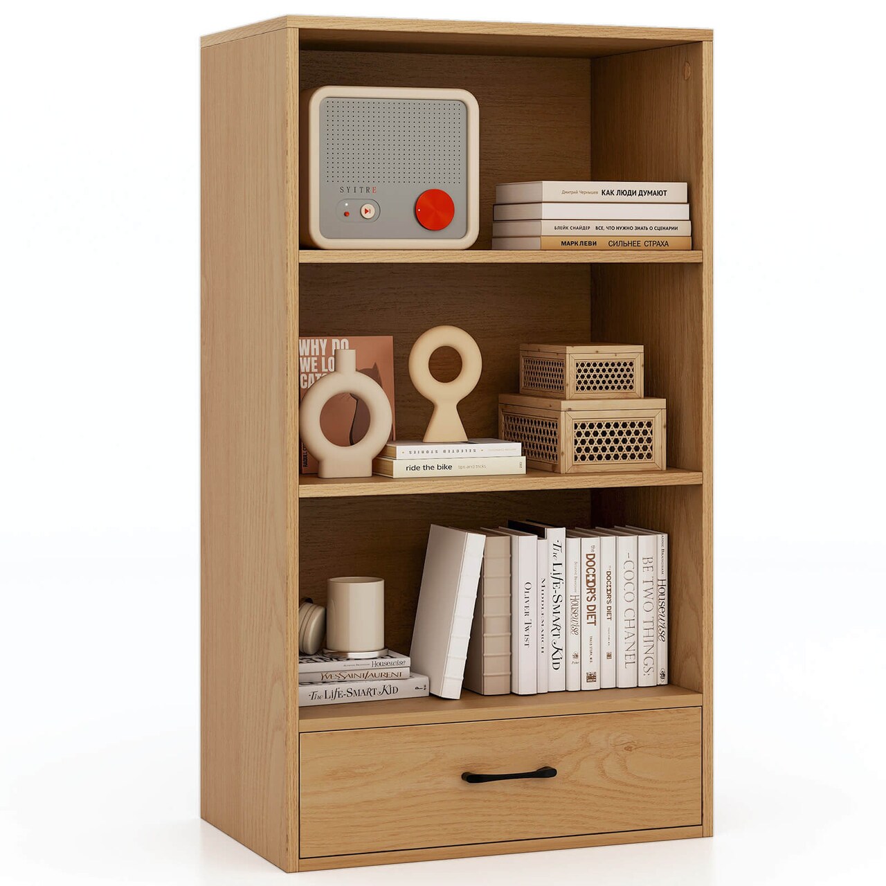 Costway 4-Tier Bookcase 48'' Display Bookshelf Storage Organizer with Shelves & Drawer Grey/White/Natural